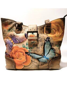 Anuschka Purse Genuine Leather Butterfly Rose Hand Painted 13x12x4 Inch Handbag